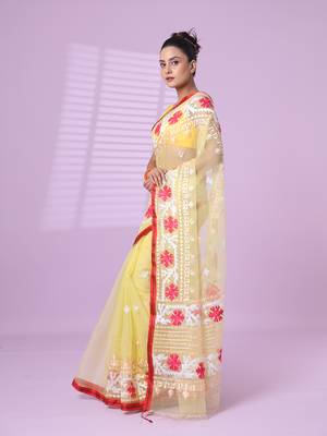 Banana yellow muslin soft saree with embroidered work 3