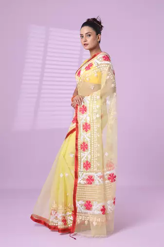 Banana yellow muslin soft saree with embroidered work