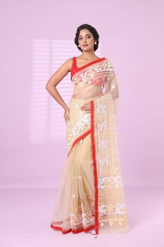 Beige muslin soft saree with embroidered work