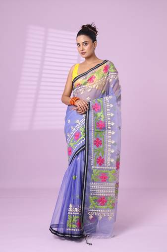 Lavender muslin soft saree with embroidered work