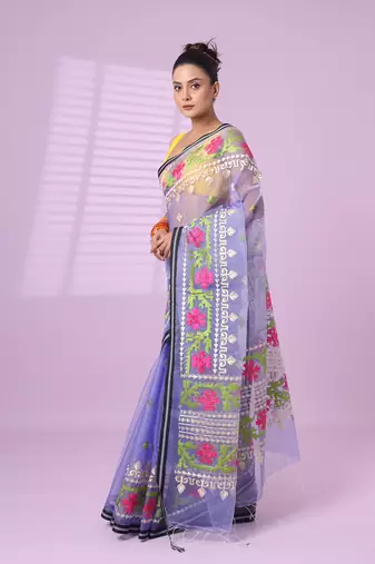 Lavender muslin soft saree with embroidered work