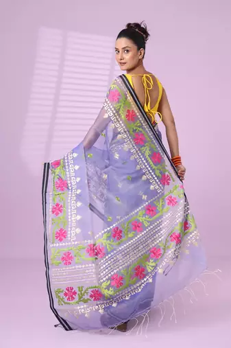Lavender muslin soft saree with embroidered work