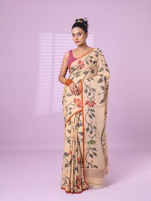 Beige cotton soft saree with foliage design 1