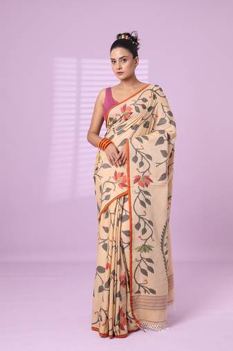 Beige cotton soft saree with foliage design