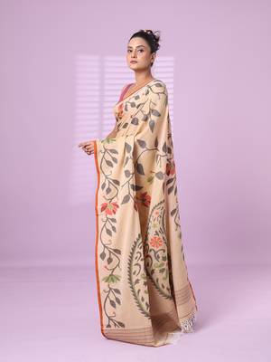 Beige cotton soft saree with foliage design 2