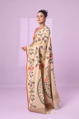 Beige cotton soft saree with foliage design