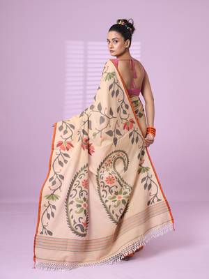 Beige cotton soft saree with foliage design 3