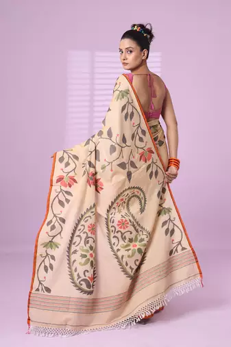 Beige cotton soft saree with foliage design