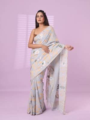 Grey cotton soft saree with foliage design 1