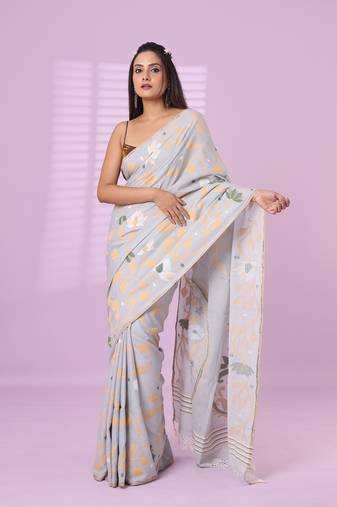 Grey cotton soft saree with foliage design
