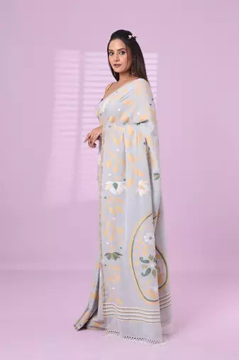 Grey cotton soft saree with foliage design