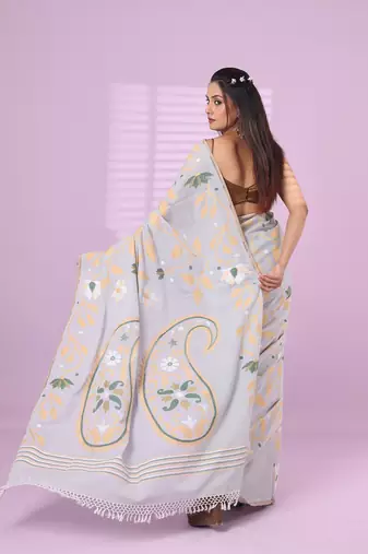 Grey cotton soft saree with foliage design