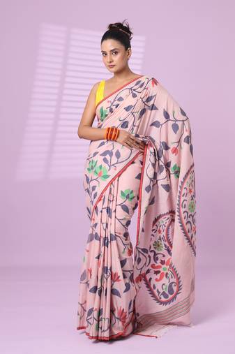 Rosewood pink cotton soft saree with foliage design