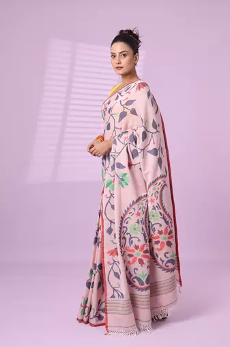 Rosewood pink cotton soft saree with foliage design