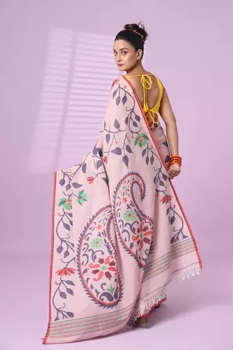 Rosewood pink cotton soft saree with foliage design