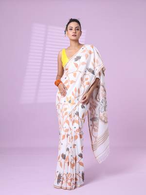 White cotton soft saree with foliage design 1