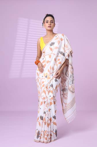 White cotton soft saree with foliage design
