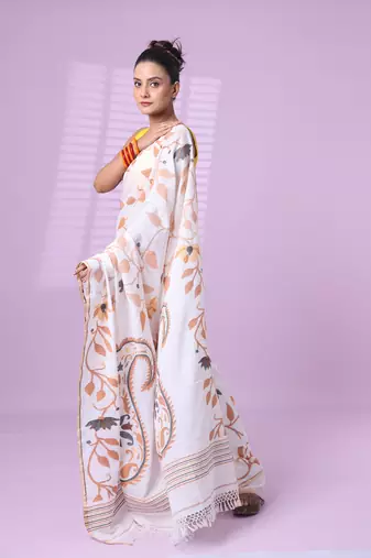 White cotton soft saree with foliage design
