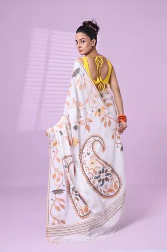 White cotton soft saree with foliage design