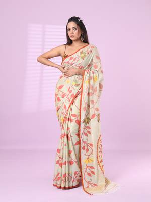 Pistachio green cotton soft saree with foliage design 1