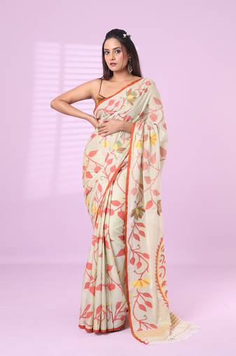 Pistachio green cotton soft saree with foliage design
