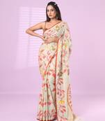 Pistachio green cotton soft saree with foliage design