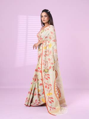 Pistachio green cotton soft saree with foliage design 2