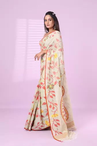 Pistachio green cotton soft saree with foliage design