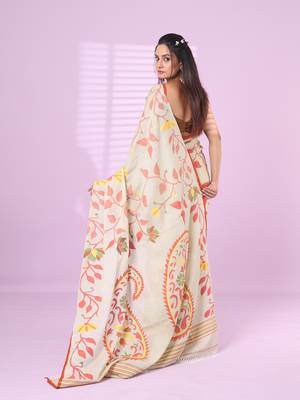 Pistachio green cotton soft saree with foliage design 3