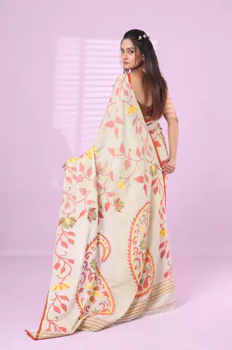 Pistachio green cotton soft saree with foliage design