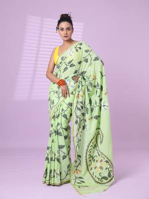 Light green cotton soft saree with foliage design 1