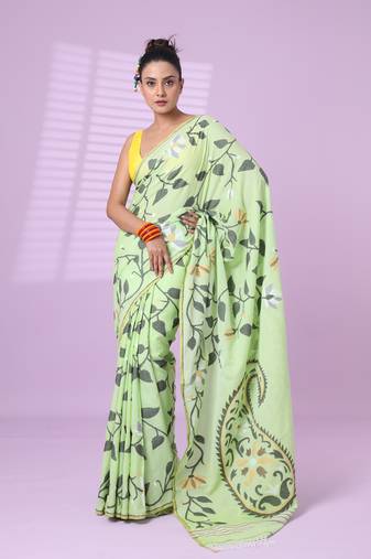 Light green cotton soft saree with foliage design
