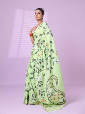 Light green cotton soft saree with foliage design 2