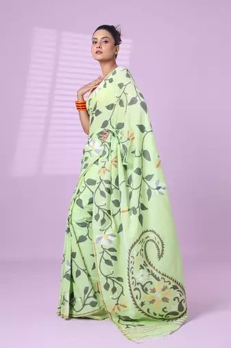 Light green cotton soft saree with foliage design