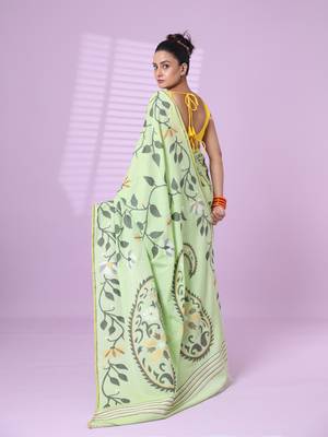 Light green cotton soft saree with foliage design 3