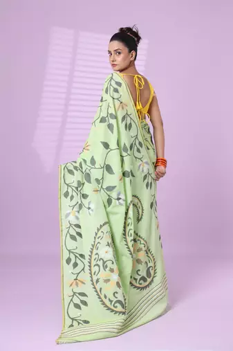 Light green cotton soft saree with foliage design