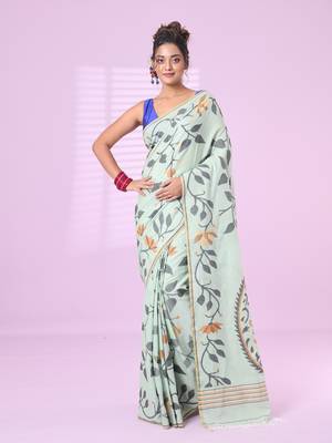 Pistachio green cotton soft saree with foliage design 1