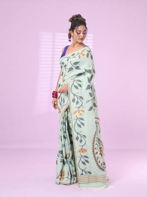 Pistachio green cotton soft saree with foliage design 2