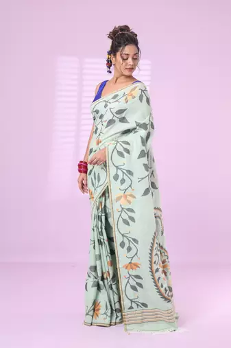 Pistachio green cotton soft saree with foliage design