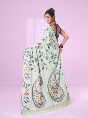Pistachio green cotton soft saree with foliage design 3