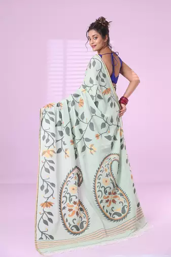 Pistachio green cotton soft saree with foliage design