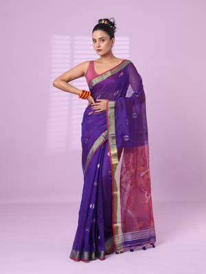 Violet cotton silk saree with zari border 1