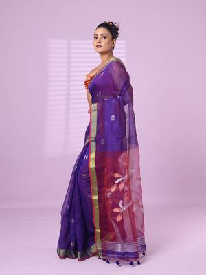 Violet cotton silk saree with zari border 2