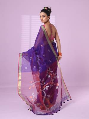 Violet cotton silk saree with zari border 3