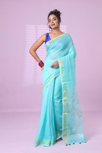 Sea green cotton silk saree with zari border