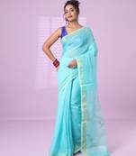 Sea green cotton silk saree with zari border