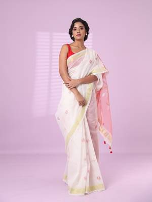 Off white cotton silk saree with zari border 1
