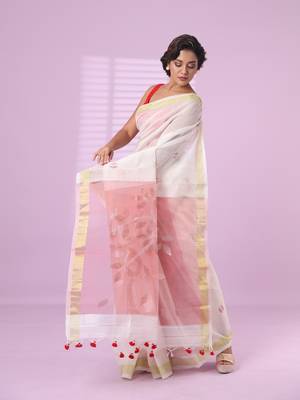 Off white cotton silk saree with zari border 2