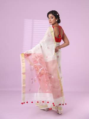 Off white cotton silk saree with zari border 3