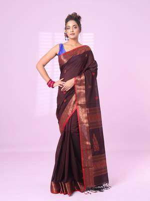 Brown cotton handspun soft saree with zari border 1
